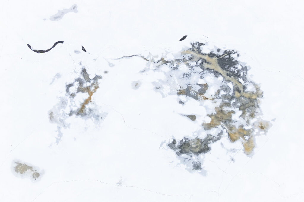 Frozen reservoir with exposed textures and subtle earthy tones beneath melting ice